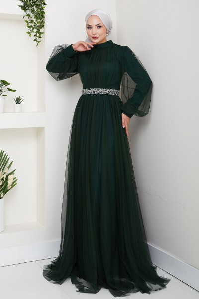 Taş Detaylı Büyük Beden Tesettür Abiye Alya - Zümrüt